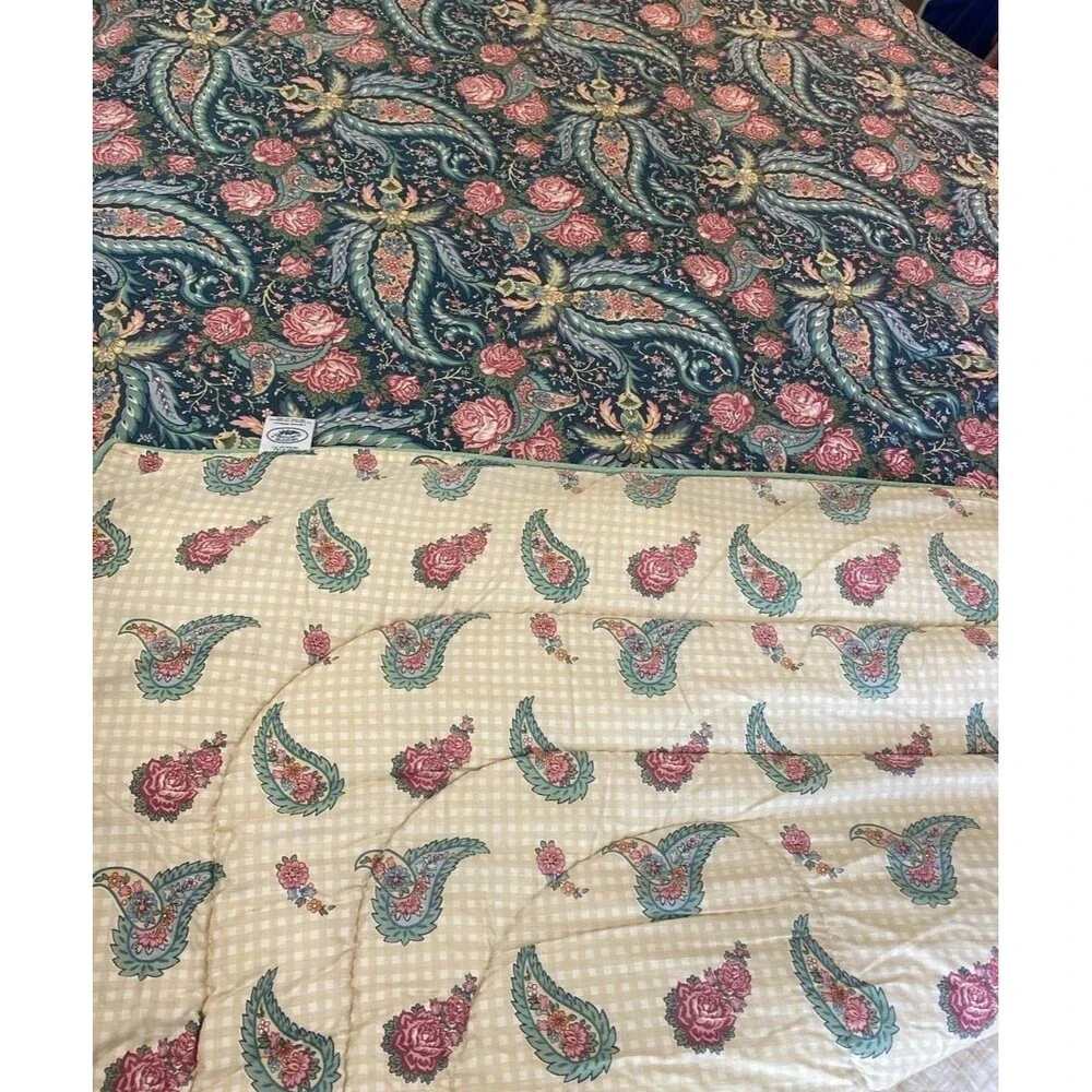 Laura Ashley Vtg Teal Paisley Pink Rose Reversible Comforter Full Boho Portobelo